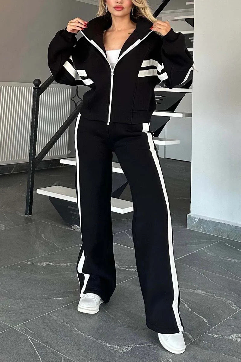 Women Two-Piece Sweat Set with Zipper Jacket and High-Waist Relaxed Jogging Pants Mune Fashion