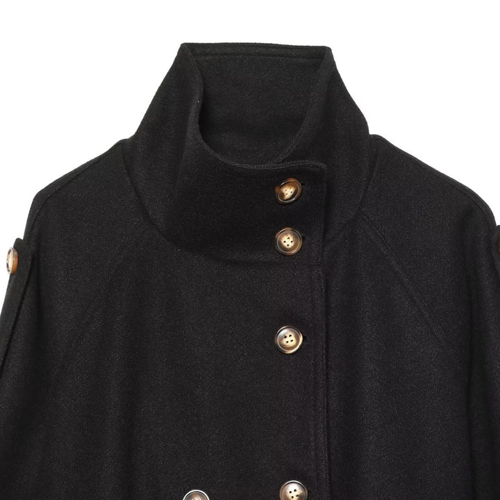 Women Short Double-Breasted Wool Blend Cape Jacket with Stand Collar and Waist Belt Mune Fashion