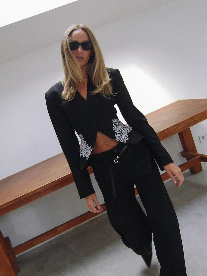 Women's Sculpted Cropped Blazer with Lace Trim and Tailored Silhouette Mune Fashion