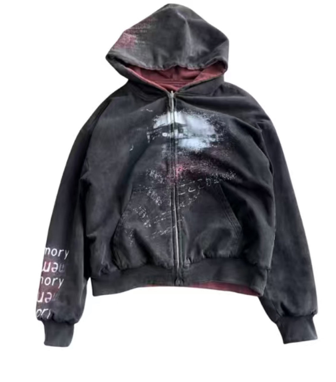 Unisex nan Hooded jacket with continuous zipper, used effect, double-layer hood and sleeve print Mune Fashion