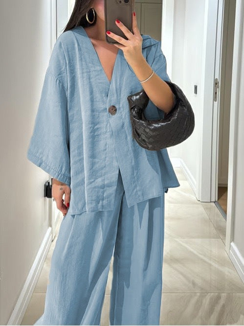 Women nan loose linen look two-piece with kimono blazer and wide palazzo pants Mune Fashion