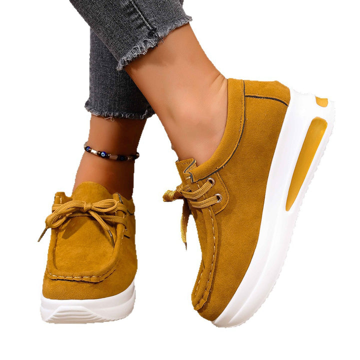 Ladies Velour Moccasin Plateau Sneaker with hidden wedge and padded comfort footbed Mune Fashion