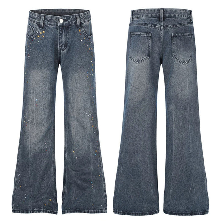 Women High-Waist Flared Jeans with Pearl and Stud Decoration Mune Fashion