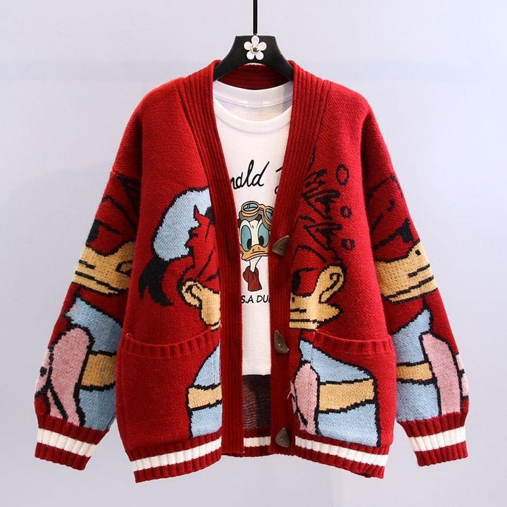 Women Oversized Knit Cardigan with Comic Jacquard Pattern and Applied Pockets Mune Fashion