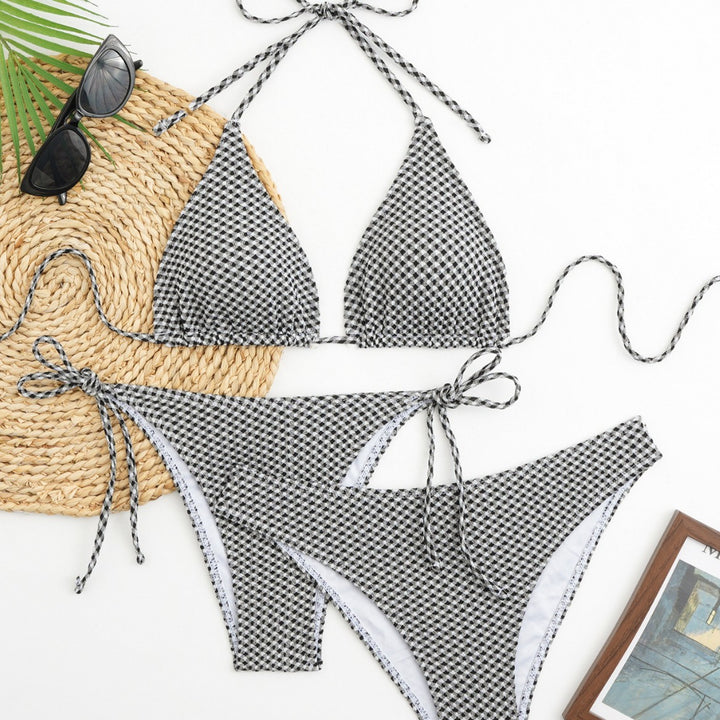 Women's Triangle Bikini Set with Adjustable Straps and Classic Check Pattern Mune Fashion