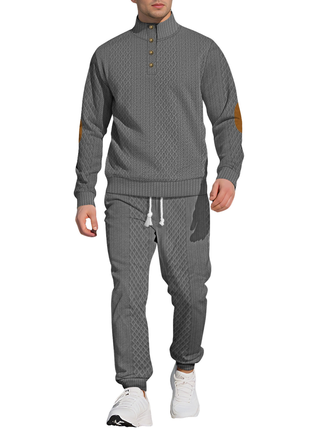 Men's patterned knit leisure set with half-button stand collar suede elbow patches and drawstring joggers Mune Fashion