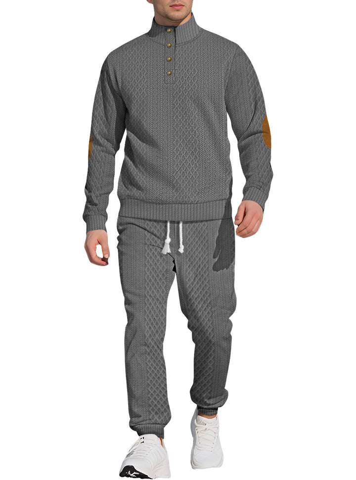 Men's patterned knit leisure set with half-button stand collar suede elbow patches and drawstring joggers Mune Fashion