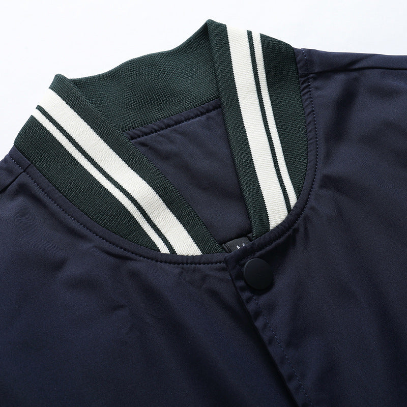 Men's varsity bomber jacket in retro college style with contrast sleeves and striped ribbed cuffs Mune Fashion