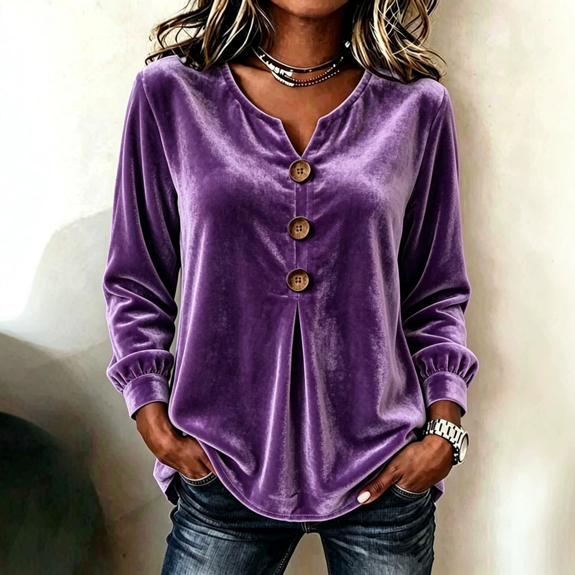 Women's Velvet Tunic with Decorative Buttons and Gathered Sleeve Cuffs Mune Fashion