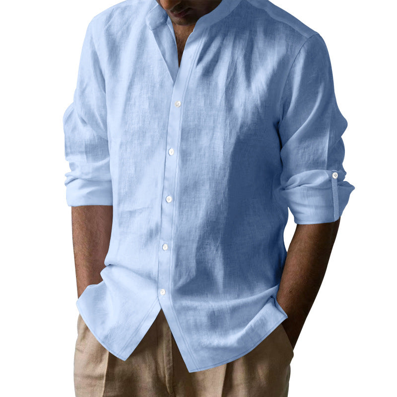 Men's casual linen shirt with Kent collar, continuous button placket, and roll-up sleeves Mune Fashion