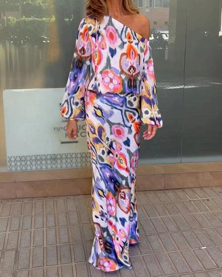 Women's maxi dress with asymmetric one-shoulder, flowing satin and bell sleeves Drune