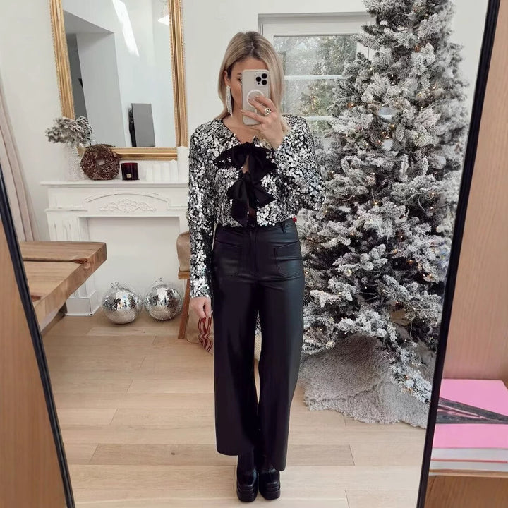Women’s Short Jacket with Sequin Trim and Decorative Bow Front Mune Fashion
