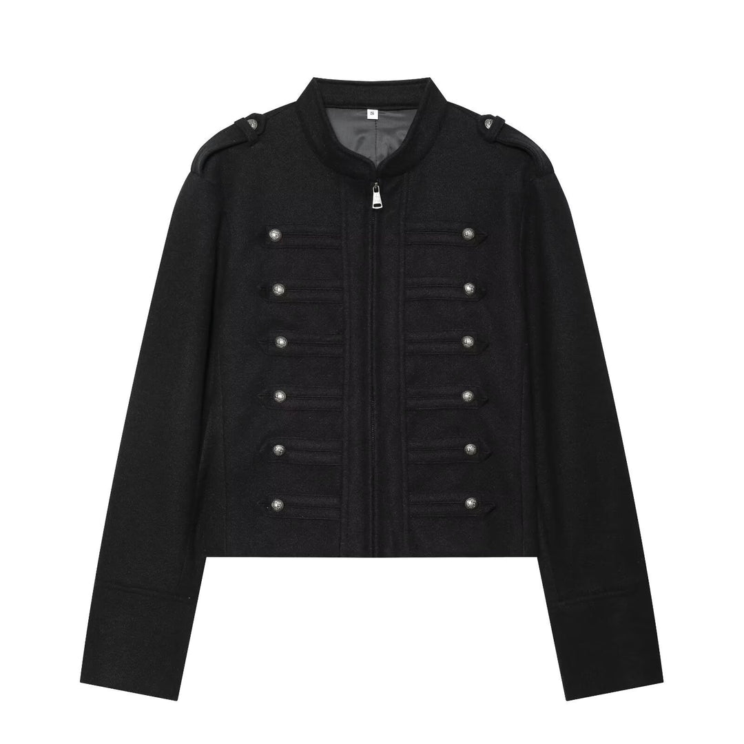 Women's Military Inspired Cropped Wool Blend Jacket with Decorative Button Placket and Stand-Up Collar Mune Fashion