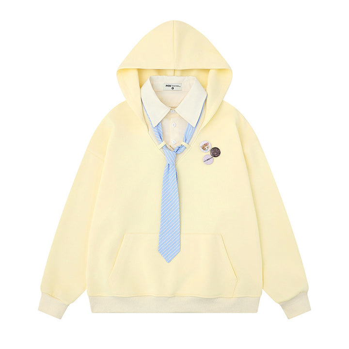 Women's hooded sweatshirt with inset shirt collar and pre-tied tie application Mune Fashion