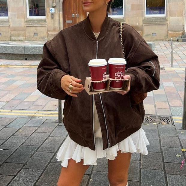 Women's Oversized Suede Bomber Jacket with Zipper & Ribbed Cuffs Mune Fashion