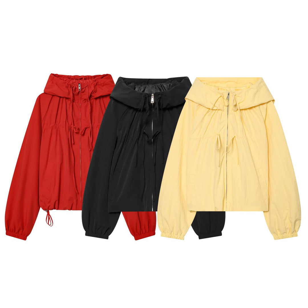 Ladies Short Hooded Windbreaker with Drawstring and Zipper Mune Fashion