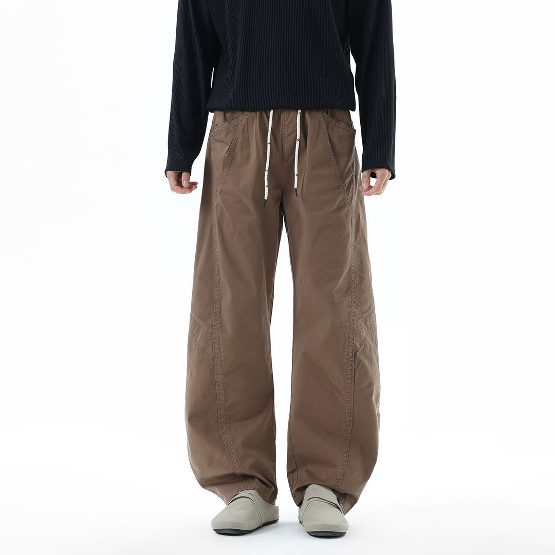 Men's Loose Fit Casual Pants with Elastic Drawstring Waistband, Diagonal Pocket Design, and Knee Panels Drune