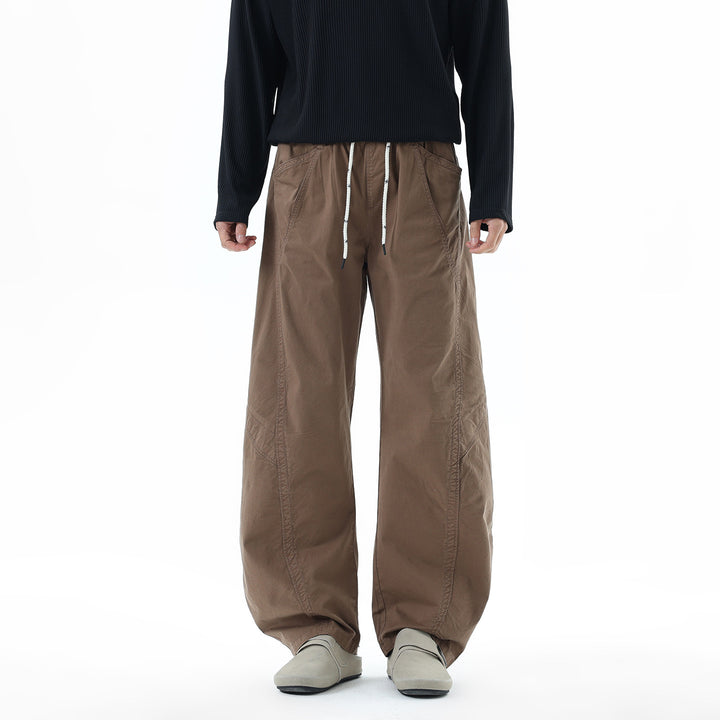Men's Loose Fit Casual Pants with Elastic Drawstring Waistband, Diagonal Pocket Design, and Knee Panels Drune