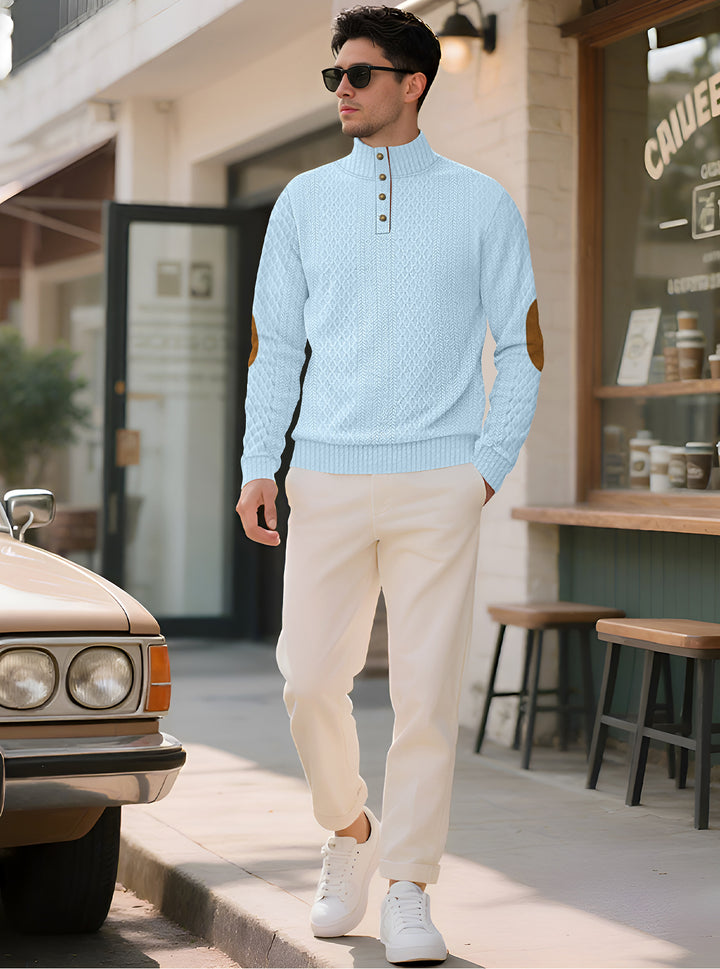 Men's noble button sweater in cable pattern with high stand-up collar and suede elbow patches Mune Fashion