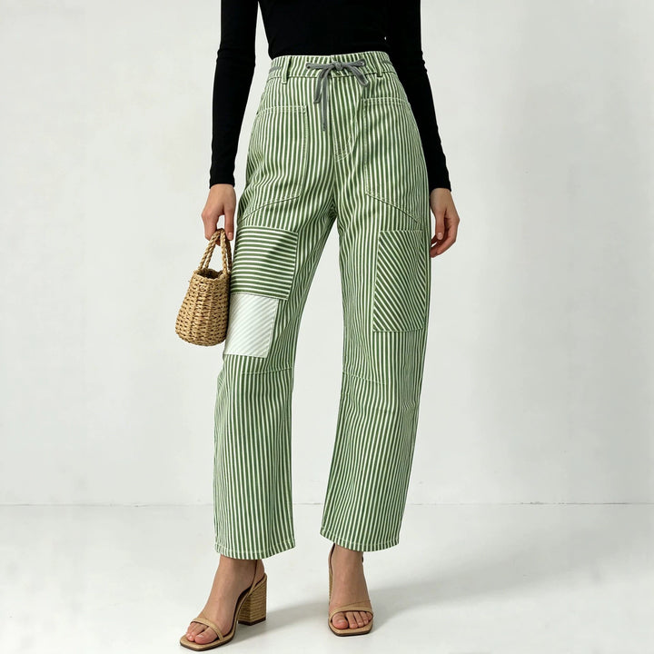 Women nan High-Waist Relaxed Pants with vertical stripe pattern, patch knee patches and drawstring Mune Fashion