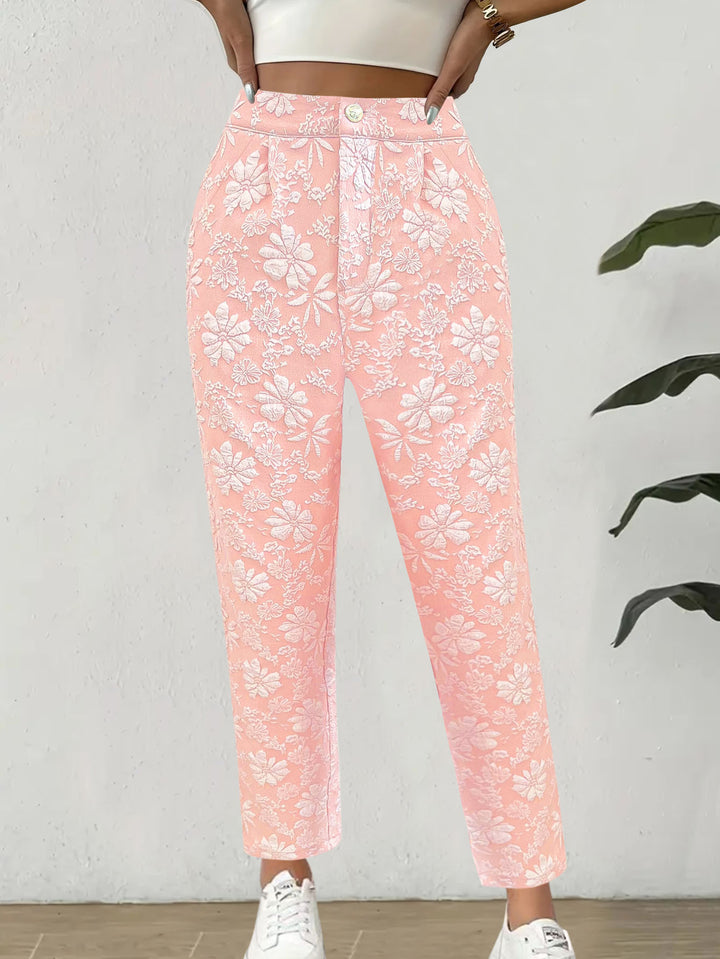 Women's high-waisted pleated trousers with floral jacquard and straight leg Mune Fashion