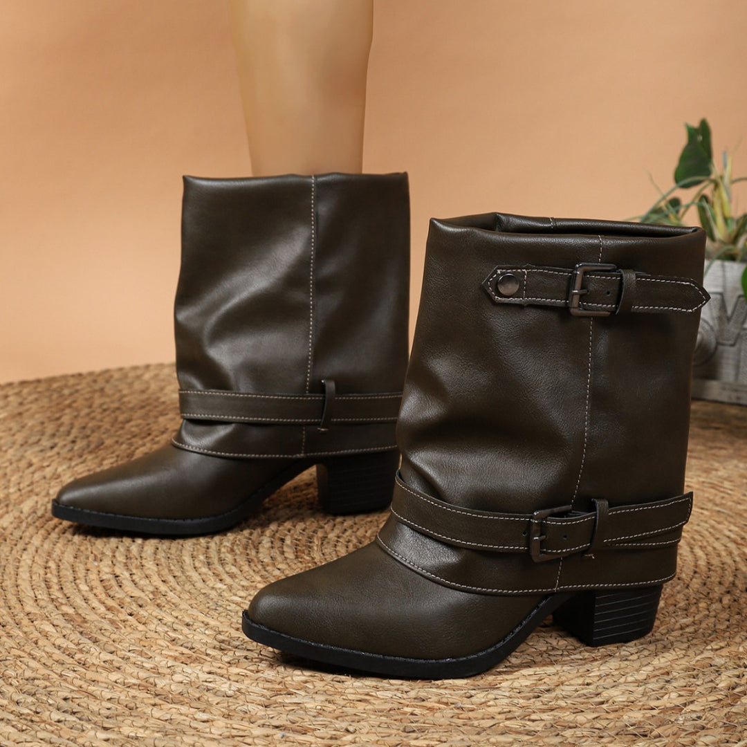 Women ankle boots with decorative buckle straps and block heel Mune Fashion