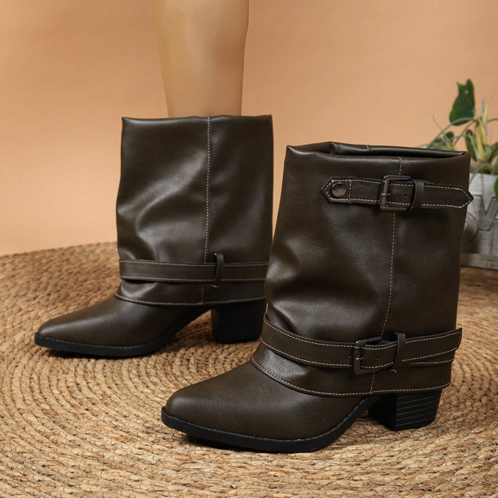 Women ankle boots with decorative buckle straps and block heel Mune Fashion