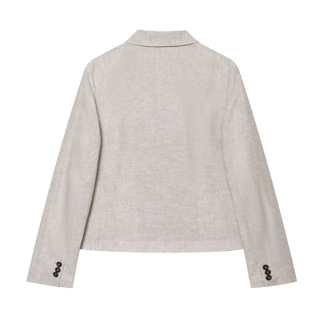 Women's cropped linen blazer with falling lapel multiple button placket and patch pockets Mune Fashion