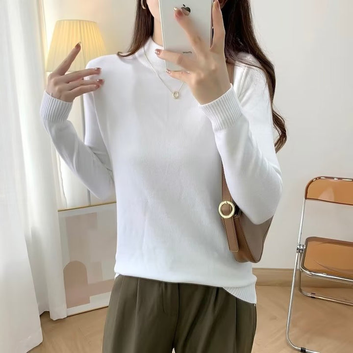 Ladies Fine Long Sleeve Fine Knit Sweater with Narrow Stand-Up Collar and Ribbed Cuffs Mune Fashion