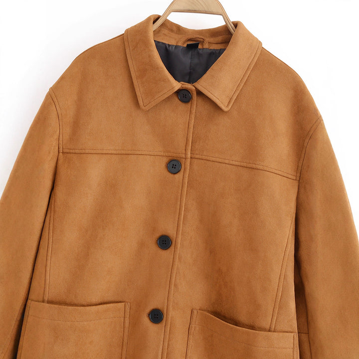 Women's Boxy Utility Jacket in Suede Look with Shirt Collar and Large Patch Pockets Mune Fashion