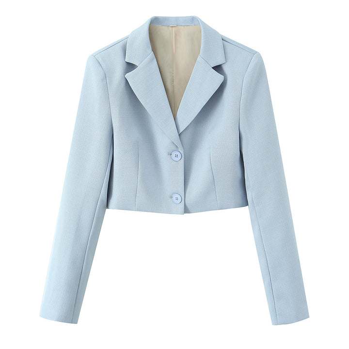 Women's tailored cropped short blazer with lapel collar and two-button front Mune Fashion