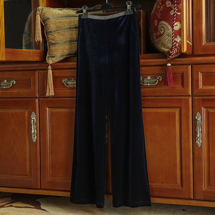 Women's High-Waisted Velvet Flared Trousers with Elastic Shiny Waistband Mune Fashion