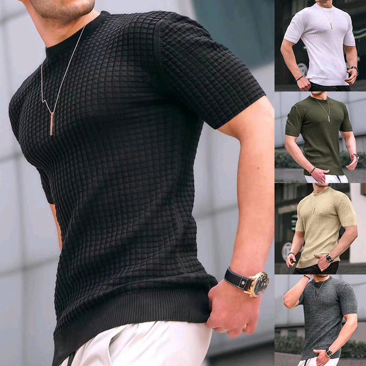Men's waffle structure short sleeve knit shirt with slim fit and elastic rib hem Mune Fashion