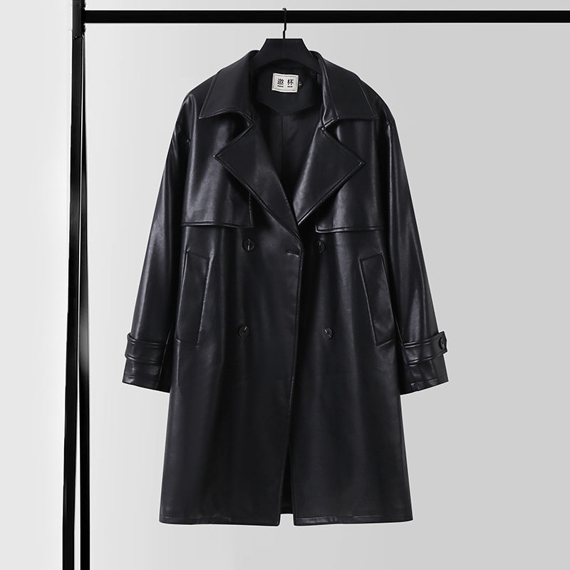 Men's Faux Leather Trench Coat with Double-Breasted, Oversized Cut and Cuff Straps Mune Fashion