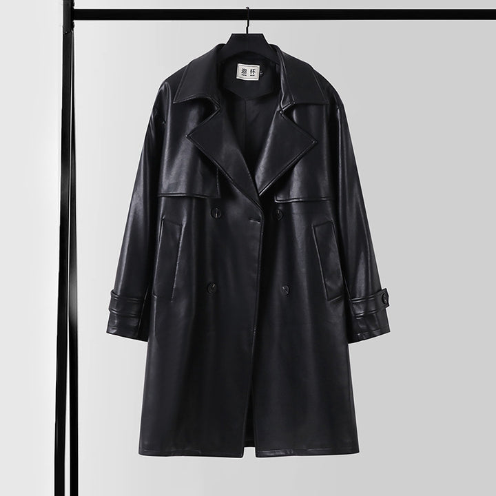 Men's Faux Leather Trench Coat with Double-Breasted, Oversized Cut and Cuff Straps Mune Fashion