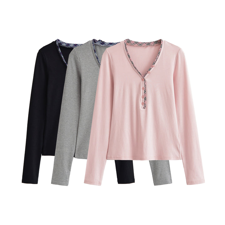 Women's long sleeve shirt with V-neck, button placket and check trim Mune Fashion