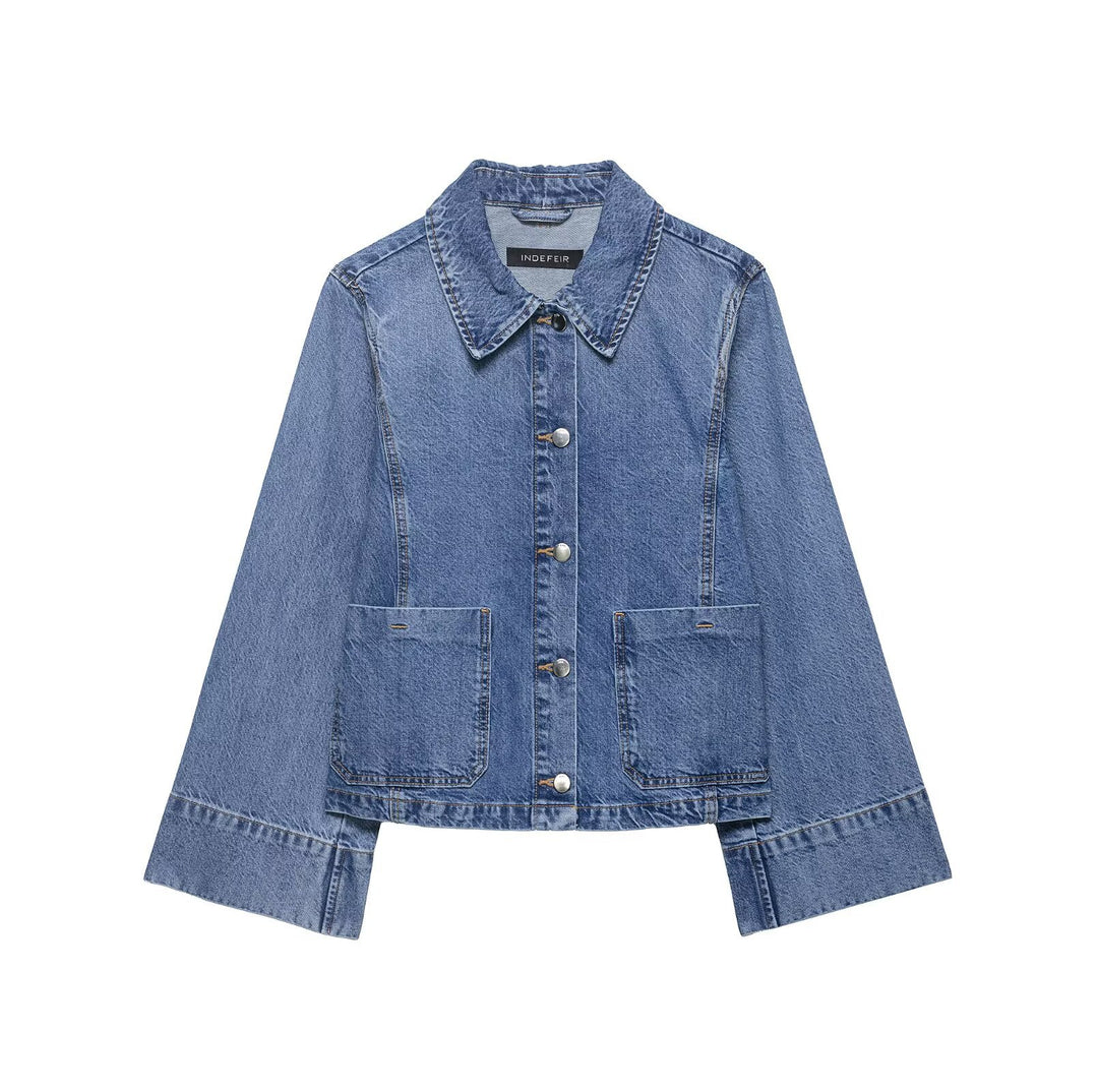 Women's Oversize Denim Jacket in Boxy Cut with Short Silhouette and Patch Pockets Mune Fashion