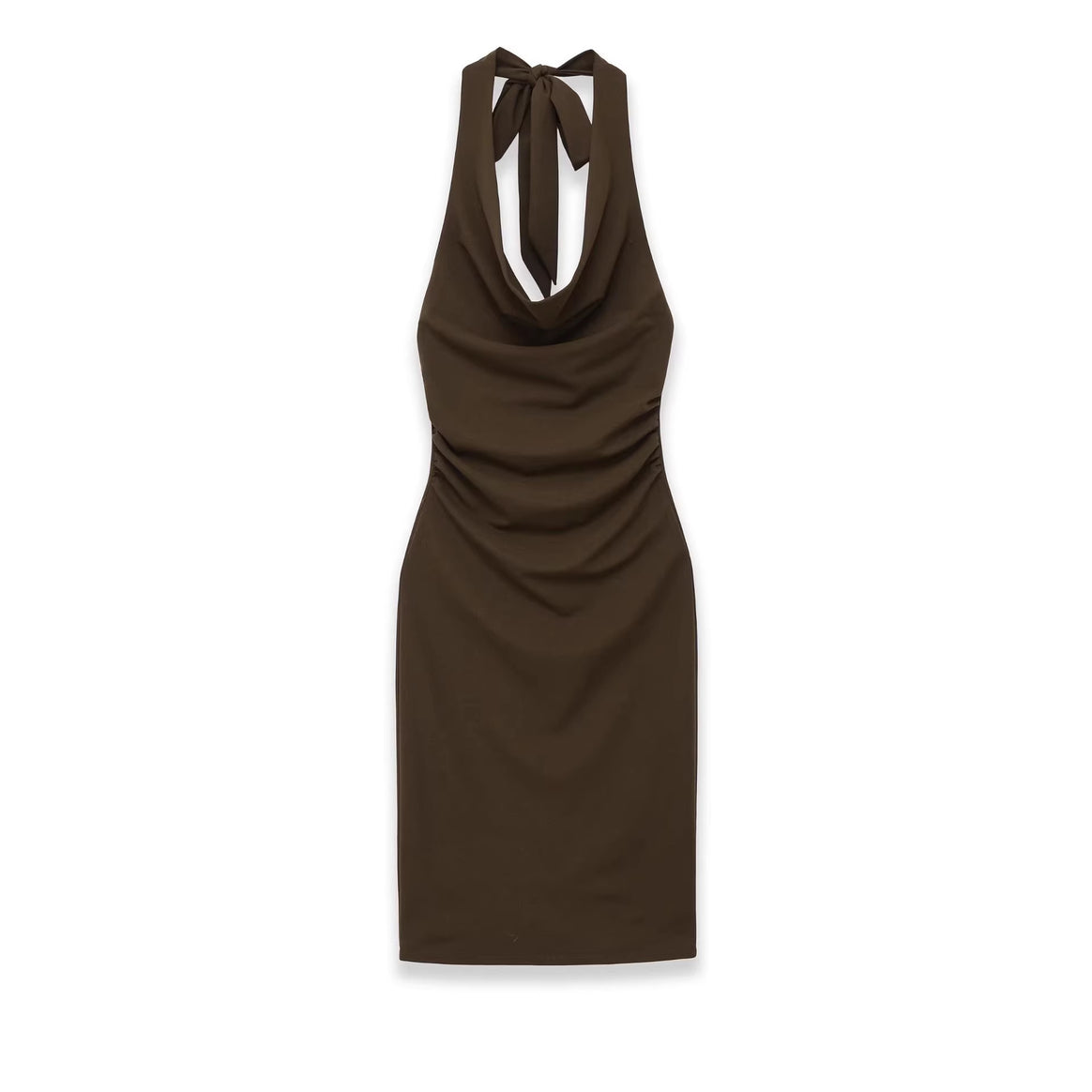 Ladies midi dress with halter neck, waterfall cowl neckline and side gathering Mune Fashion