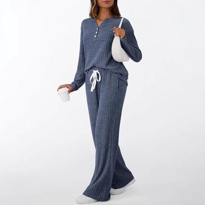 Women Ribbed Knit Lounge Set with Button Placket and Wide Drawstring Pants Mune Fashion