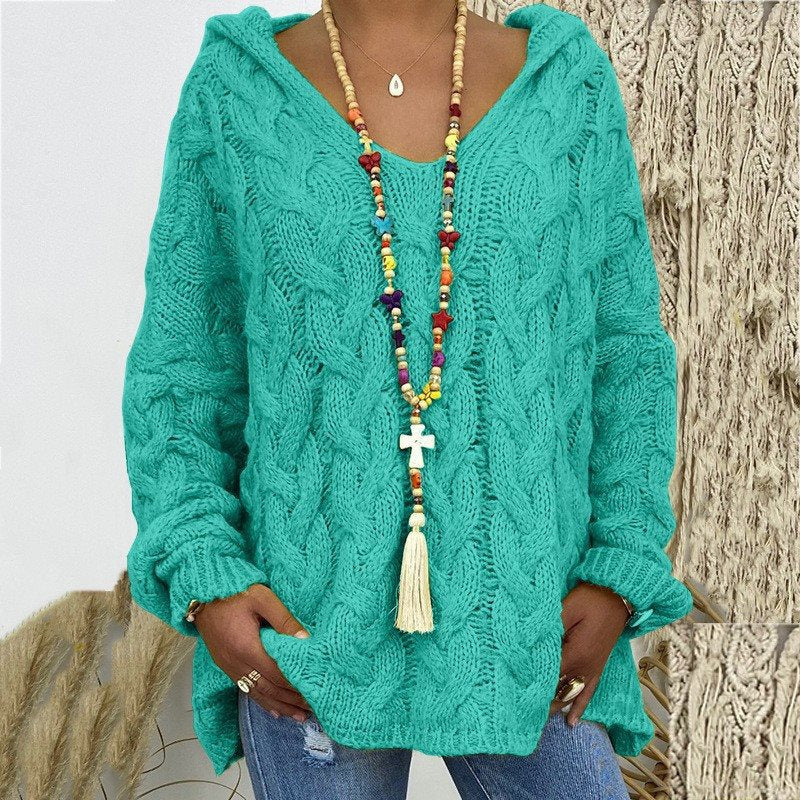 Women Oversized Cable Knit Sweater with Hood and Casual V-Neck Mune Fashion