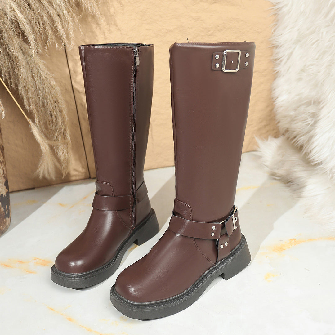 Ladies Knee-High Biker Boots with Side Zipper and Decorative Buckles Mune Fashion