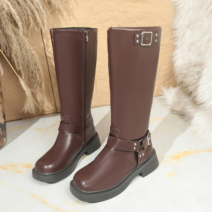 Ladies Knee-High Biker Boots with Side Zipper and Decorative Buckles Mune Fashion