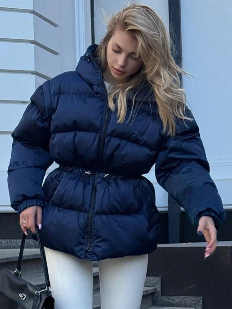 Women's Padded Hooded Quilted Jacket with Drawstring Waist and Boxy Sleeves Mune Fashion