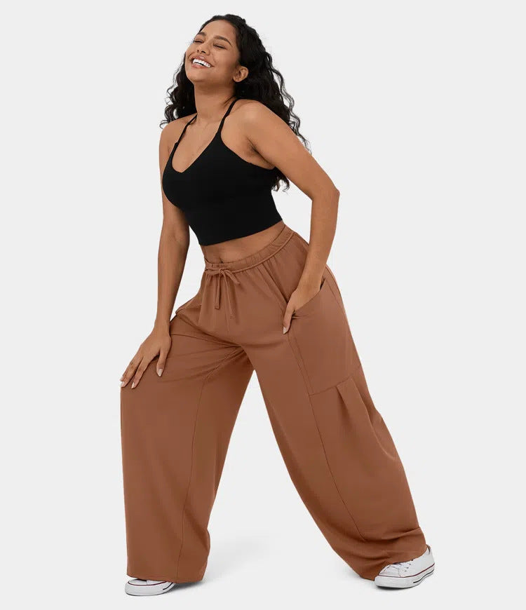 Women's Wide Relaxed Pants with High Elastic Waistband, Drawstring and Large Cargo Pockets Mune Fashion