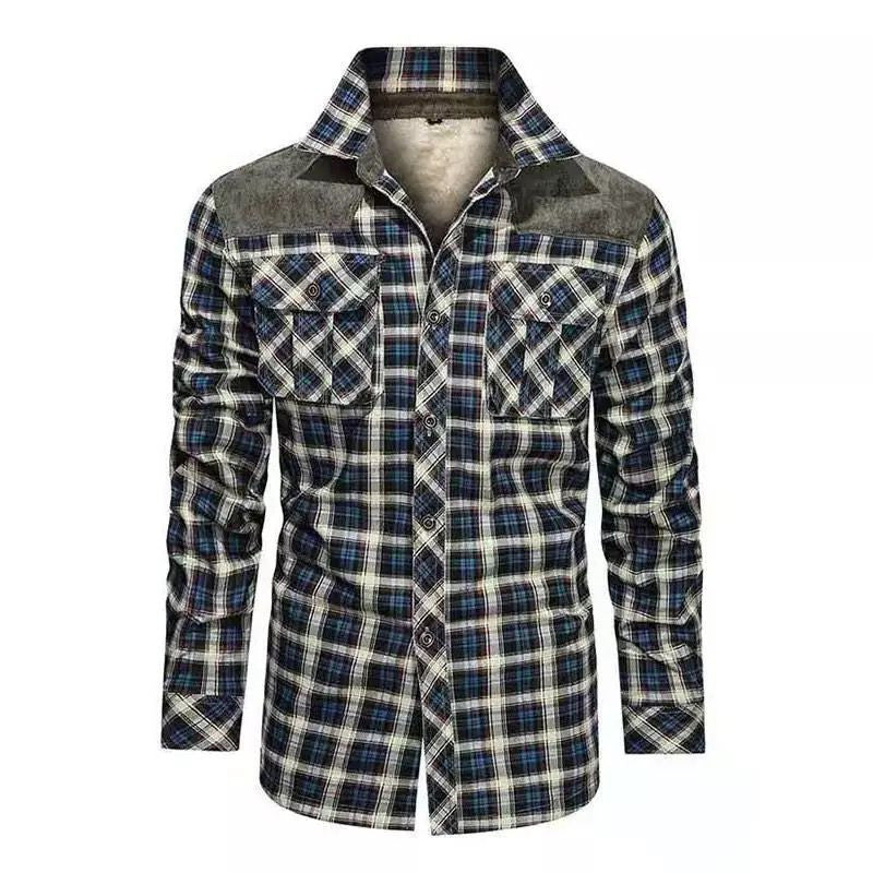 Men's padded check shirt jacket with teddy fleece lining, chest flap pockets and shoulder patches Mune Fashion