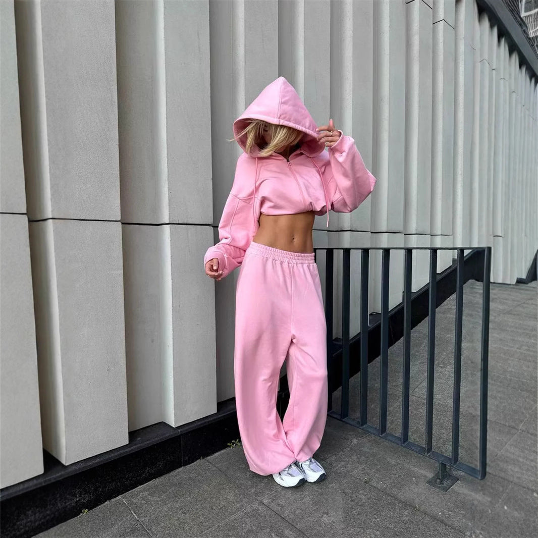 Women's short-cut zip hoodie and high-waist sweatpants lounge set with hood Mune Fashion