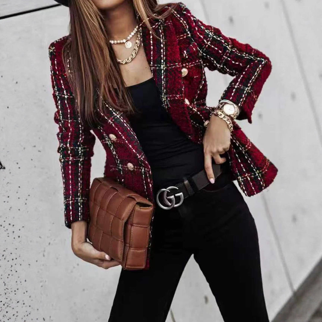 Women Boucle Tweed Blazer with Check Pattern and Double-Breasted Button Placket Drune