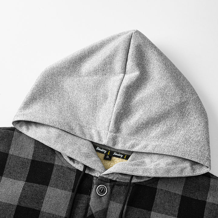 Men's plaid Sherpa-lined overshirt with hood, chest pocket, and snap button closure Mune Fashion