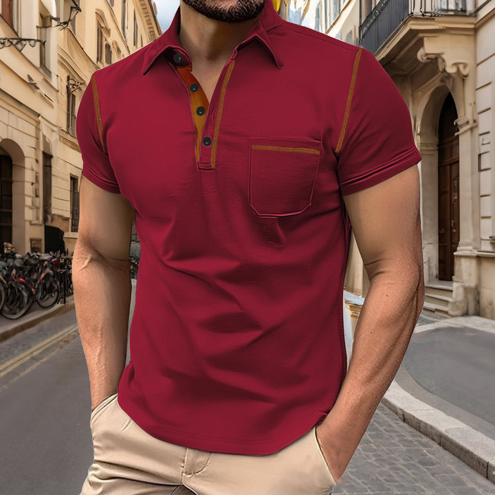 Men's short sleeve polo with chest pocket, contrasting quilted seam and shirt collar Mune Fashion