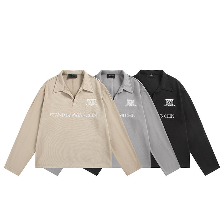 Unisex Long-Sleeve Rugby Polo with Open Kent Collar and Chest Print Mune Fashion